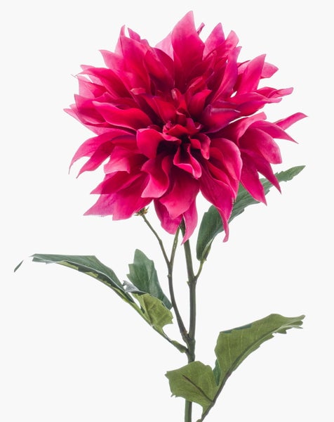 Künstliche Dahlie in Pink mit grünem Stiel und Blättern.