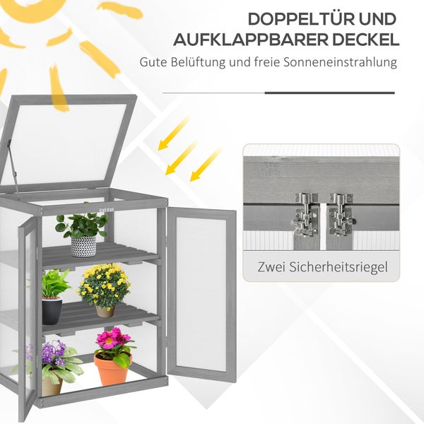 Outsunny 3 Stufen Gewächshaus, wetterfest Treibhaus mit zwei Türen, Frühbeet aus Holz Polycarbonat, Frühbeetkasten bis 15 kg Belastbar (je Einlegeboden) 58 x 44 x 78 cm Dunkelgrau