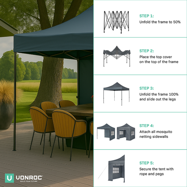 VONROC Pavillon 3x3m wasserdicht stabil - Partyzelt EasyUp System [3Min Aufbau] Popup Faltpavillon modular erweiterbar als Festival Zelt, Gartenpavillon