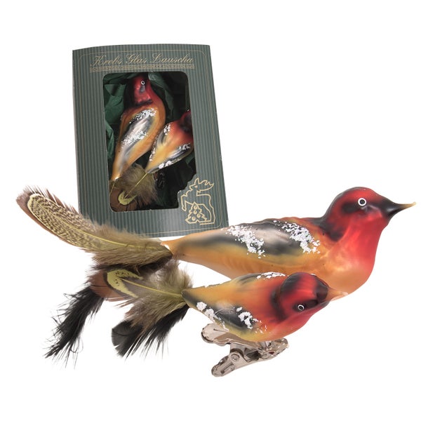 Christbaumschmuck-Vogel mit Federn und Krebs Glas Lauscha Logo
