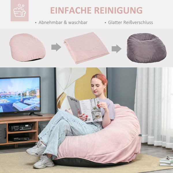 HOMCOM Sitzsack aufblasbares Sofa Bodensessel Sitzkissen gepolstert mit 2 Seitentaschen waschbar für Wohnzimmer Liege Schlafzimmer Polyester-Gewebe Schaumstoff-Füllung Rosa Ø115x71 cm