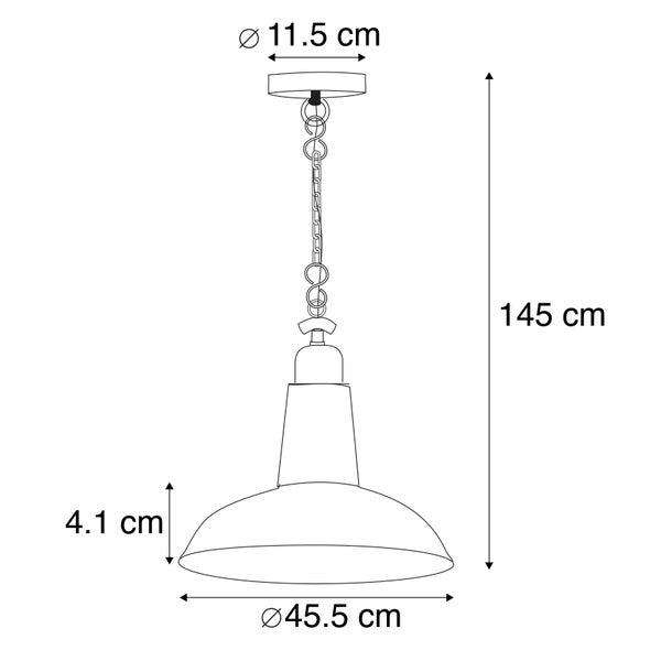 Technische Zeichnung einer Hängeleuchte mit den Maßen 145 cm Höhe, 45,5 cm Durchmesser des Lampenschirms und 11,5 cm Durchmesser des Baldachins.