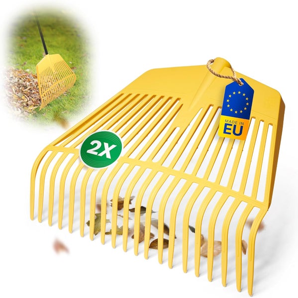 Doppelpack Kunststoff-Laubbesen-Aufsätze, hergestellt in der Europäischen Union, inklusive Anwendungsbild auf einer Rasenfläche mit Laub.