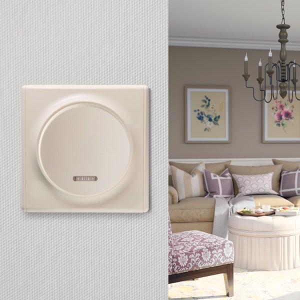 Wandschalter mit rundem Einsatz zur Lichtsteuerung montiert an einer hellen Wand neben einem Wohnzimmer.