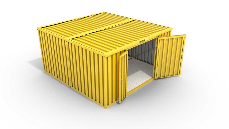 Lagercontainer Gerätehaus M2  – 12 qm, H2150 x B3050 x T4340 mm, Außenwandlackierung RAL 1003 signalgelb, Dach außen verzinkt, mit Holzfußboden, 1830 mm Doppelflügeltür mittig in Stirnseite, montiert
