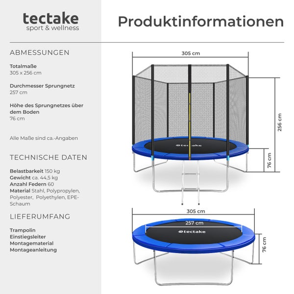 Produktinformationen zu einem runden Gartentrampolin mit Sicherheitsnetz und Leiter.