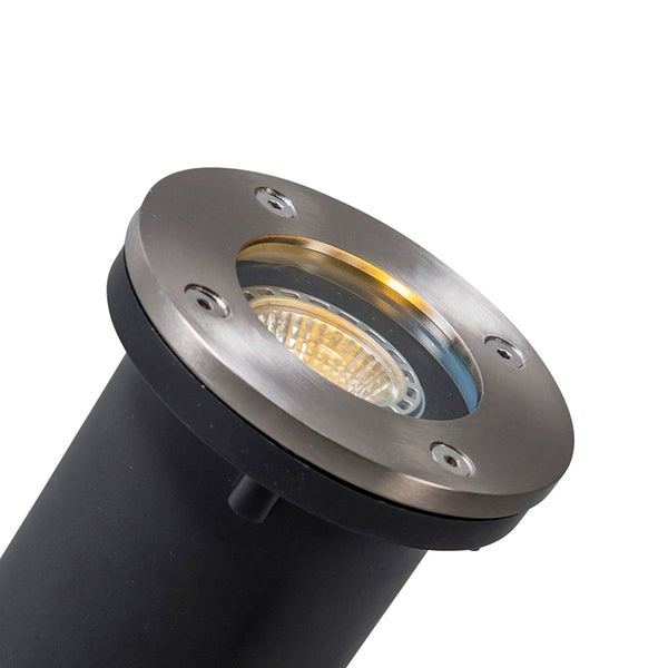Bodeneinbaustrahler mit rundem Ring aus Edelstahl, schwarzem Gehäuse und sichtbarem Leuchtmittel.