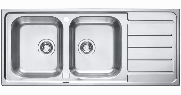 Einbau-Küchenspüle aus Edelstahl mit zwei Becken und einer Abtropffläche von Alveus in der Draufsicht