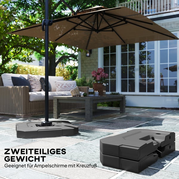 Zweiteiliges Gewicht für Ampelschirme mit Kreuzfuß auf einer Terrasse mit Gartenmöbeln und großem Sonnenschirm.