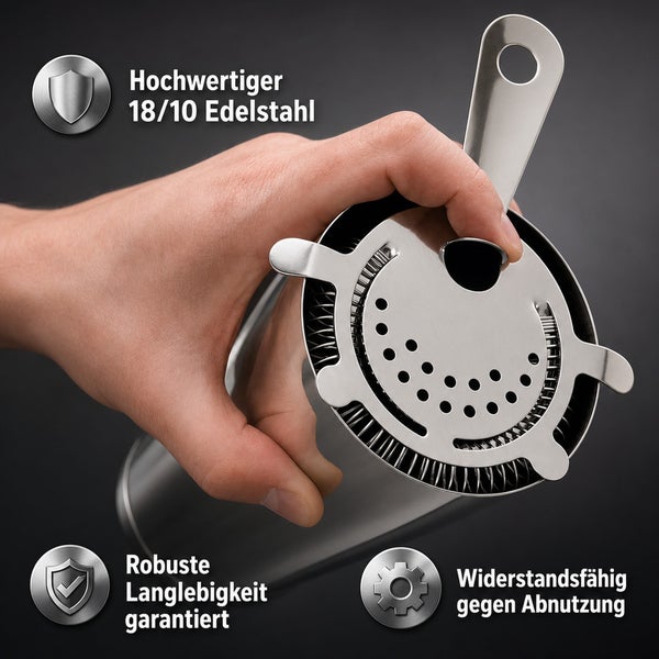Hand hält einen Cocktail Strainer aus Edelstahl 18 zu 10 mit Feder für Barzubehör.