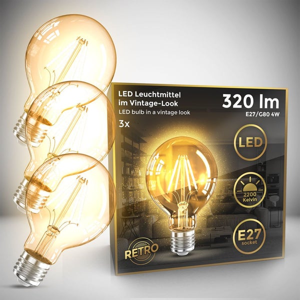 LED-Filament-Leuchtmittel in Globeform mit E27-Sockel und Detailansicht der Leuchtfäden.