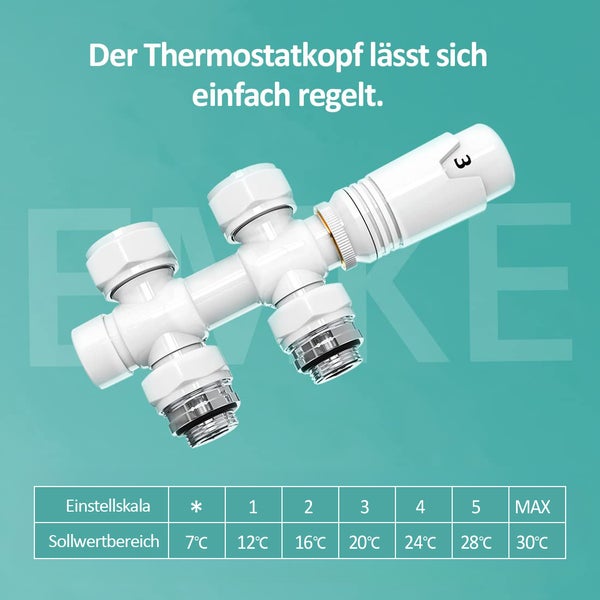 EMKE Heizkörperthermostat Multiblock-Set – Anschlussarmatur mit Thermostat für Heizkörper und Handtuchtrockner, Heizungszubehör in Eck- und Durchgangsform φ16 φ15xG1/2, Weiß