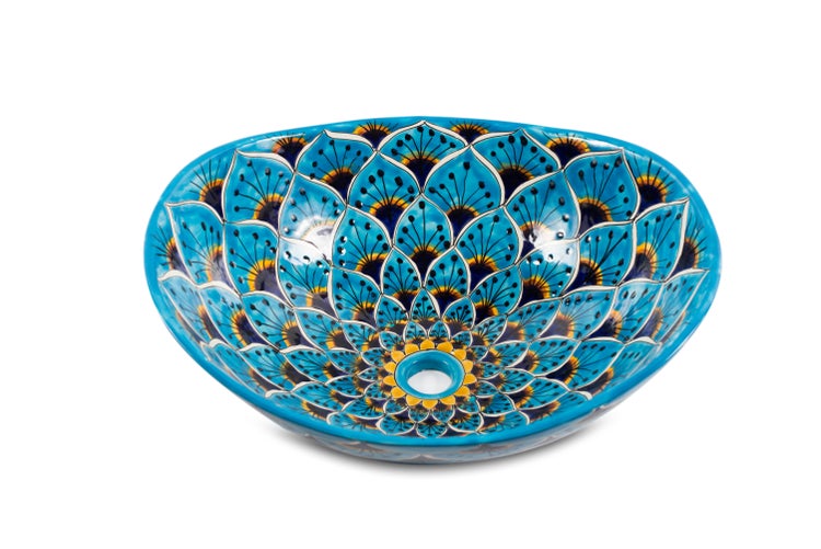 Keramik Aufsatzwaschbecken mit blauem Blumenmuster