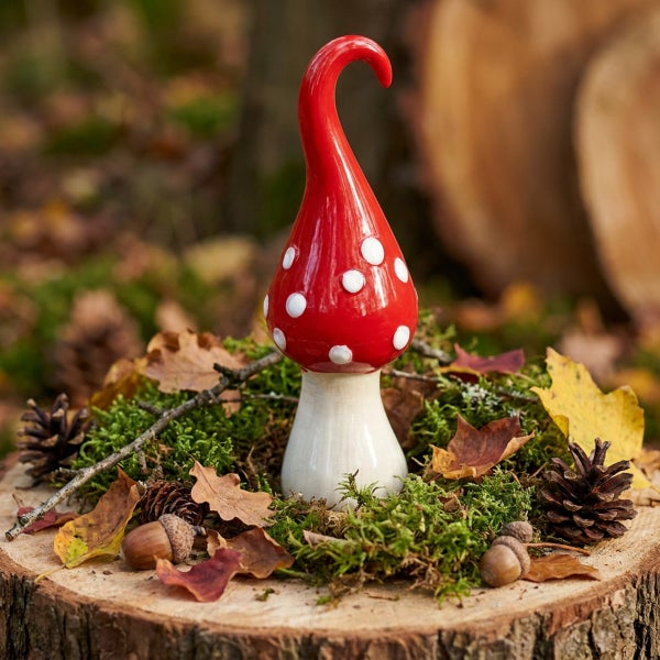 Keramik Pilz Deko Figur mit gepunktetem Hut auf einem Baumstumpf mit Moos und Herbstlaub dekoriert