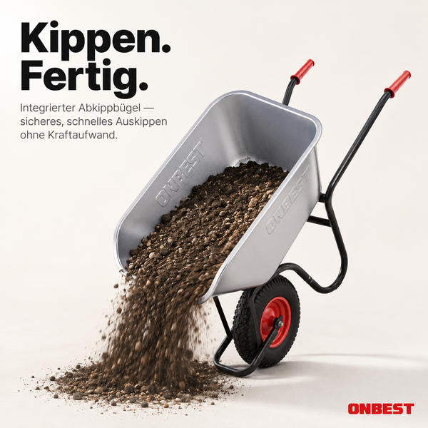 ONBEST Schubkarre mit integriertem Abkippbügel beim Entleeren von Erde, Metallmulde, schwarzes Gestell und rote Griffe.