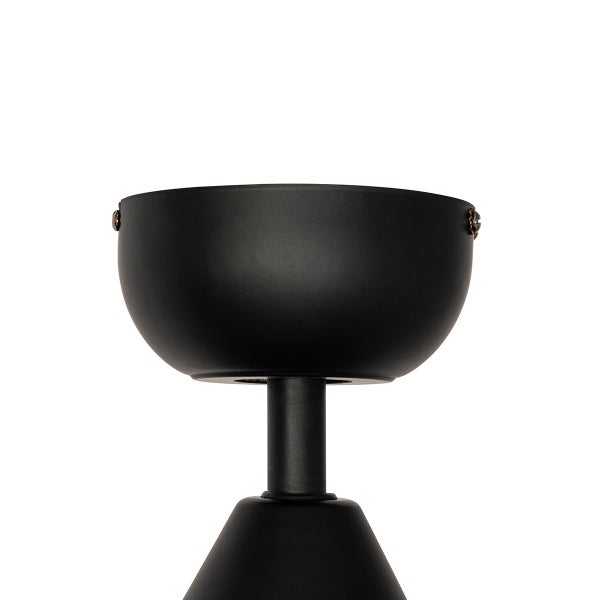 Schwarze Deckenhalterung aus Metall mit Baldachin für Lampen oder Deckenventilatoren, matte Oberfläche.