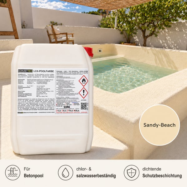 Kanister Schuettec LCK-Poolfarbe in Sandy-Beach neben einem Betonpool. Chlor- und salzwasserbeständige Schutzbeschichtung.