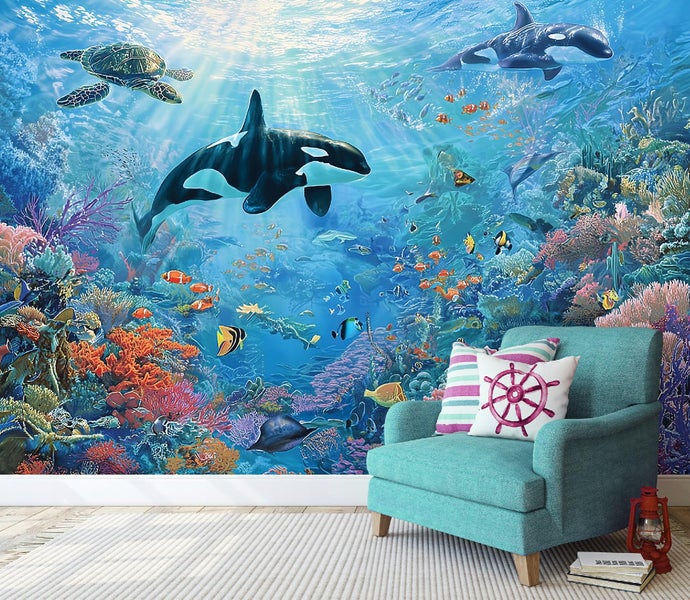 Fototapete mit Unterwassermotiv mit Korallenriff, Orcas und Meerestieren im Wohnzimmer