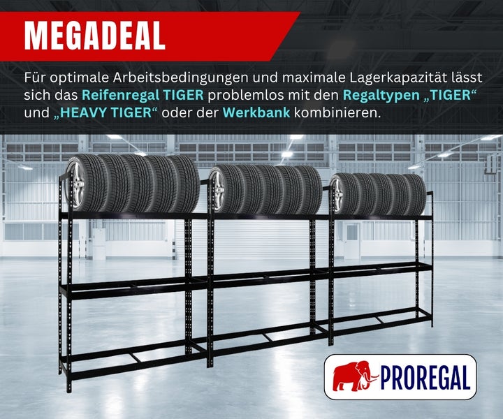 Schwarzes Reifenregal aus Metall mit drei Sektionen beladen mit Reifen in einer hellen Werkstatt. ProRegal Logo.