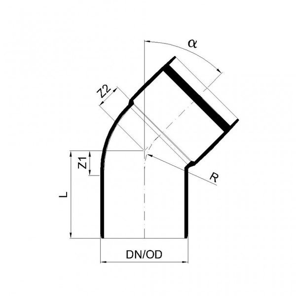 Technische Zeichnung eines Rohrbogens mit Maßangaben für Winkel, Länge, Radius und Durchmesser.