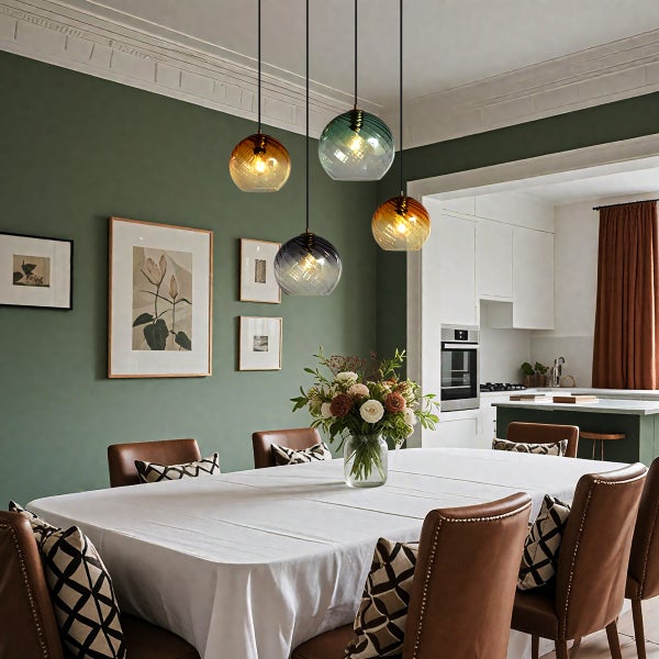 Esszimmer mit Esstisch, Stühlen und drei Hängeleuchten mit Glasschirmen