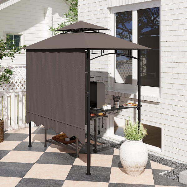 Grillpavillon mit Doppeldach und Seitenregalen auf einer Terrasse. Gestell aus schwarzem Metall, Dach und Seitenwand aus grauem Textil.