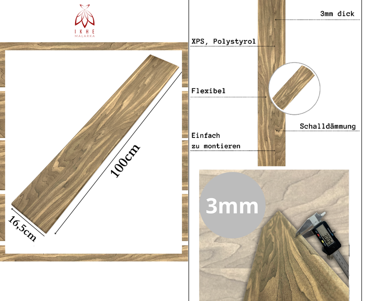 IKHE MALARKA Logo. Wandpaneel Holzoptik, extrudiertes Polystyrol. 100 mal 16,5 Zentimeter, 3 Millimeter dick. Flexibel, schalldämmend, einfache Montage.