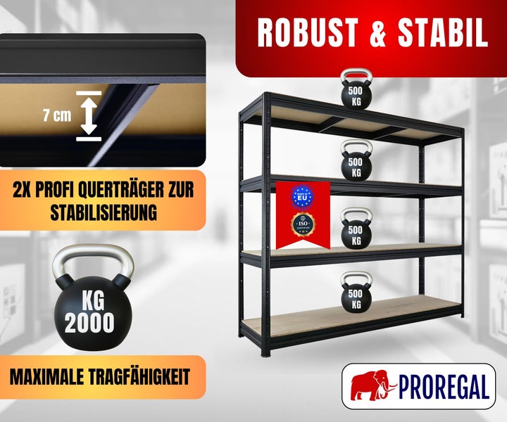 Schwerlastregal mit vier Böden, 500 Kilogramm Tragkraft pro Boden, zwei Querträger, hergestellt in der Europäischen Union, Proregal Logo.