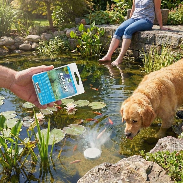 Bacta Tab Wasserklärer im hellen Gartenteich: Tablette sprudelt bei Goldfischen, einem Hund und einem Menschen mit Füßen im Wasser.