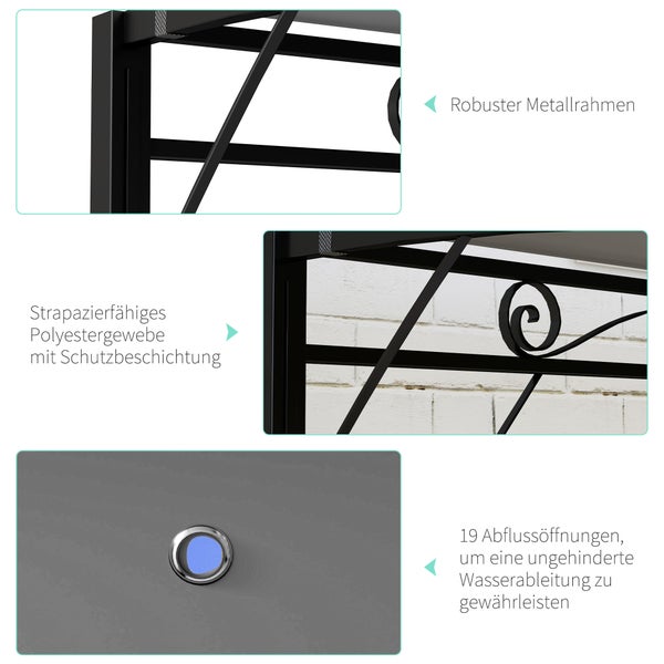 Pavillondetails: robuster Metallrahmen, strapazierfähiges Polyestergewebe mit Schutzbeschichtung und 19 Abflussöffnungen zur Wasserableitung.