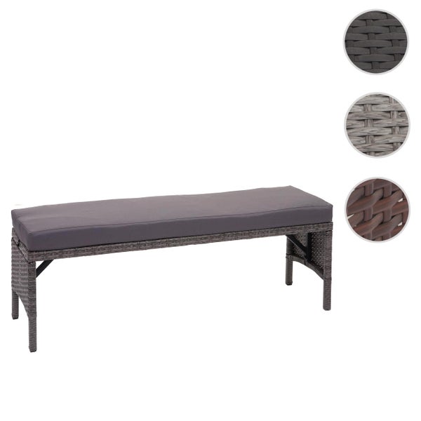 Gartenbank aus Polyrattan mit Sitzauflage und drei Detailansichten verschiedener Materialvarianten.