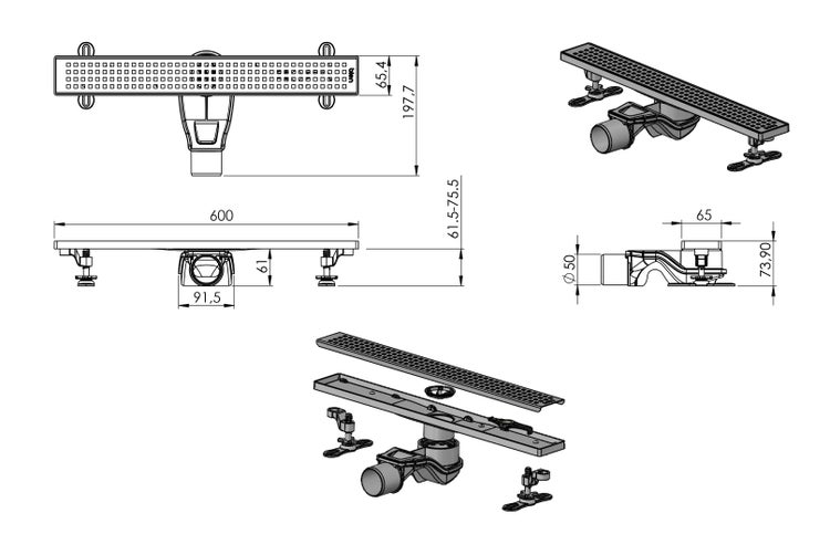 Technische Zeichnung einer Duschrinne mit Abmessungen