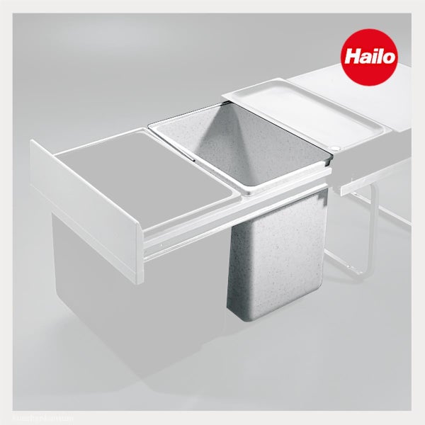 Hailo Logo. Mülltrennsystem mit Auszug und zwei Abfalleimern aus Kunststoff für den Küchenunterschrank.