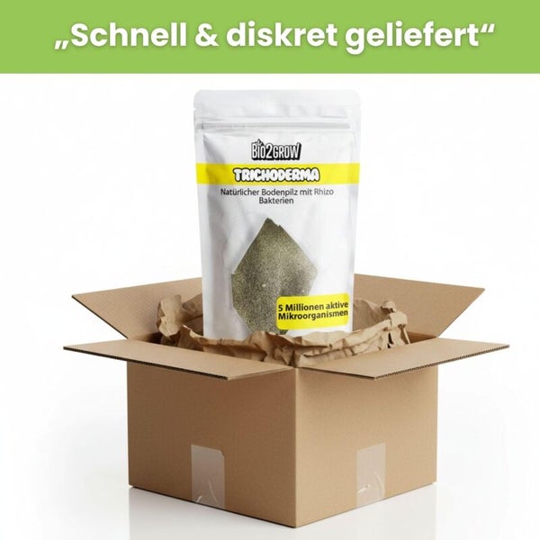 Bio2Grow Trichoderma natürlicher Bodenpilz in einem Versandkarton