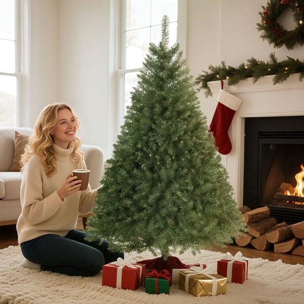Künstlicher Weihnachtsbaum in hellem Wohnzimmer mit einer Frau auf einem Teppich, Geschenken, brennendem Kamin und Weihnachtsdekoration.