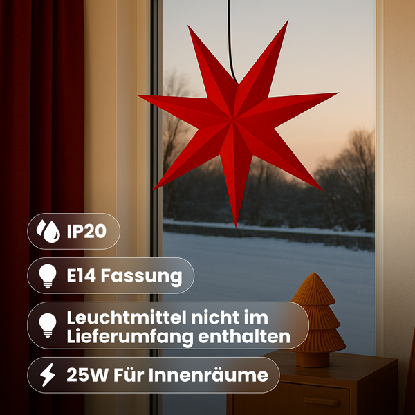 Roter Papierstern mit IP20 Schutzart, E14 Fassung, Leuchtmittel nicht enthalten, 25 Watt für Innenräume