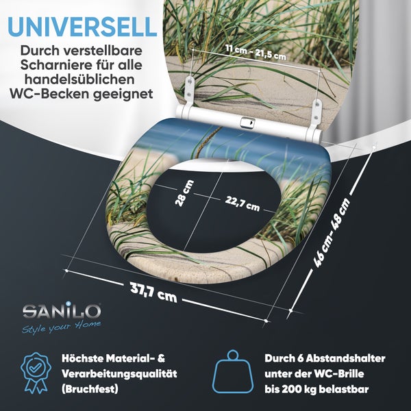 Sanilo WC-Sitz mit Strand-Motiv, verstellbare Scharniere, bruchfest, bis 200 Kilogramm belastbar, inklusive Maßangaben für gängige WC-Becken.