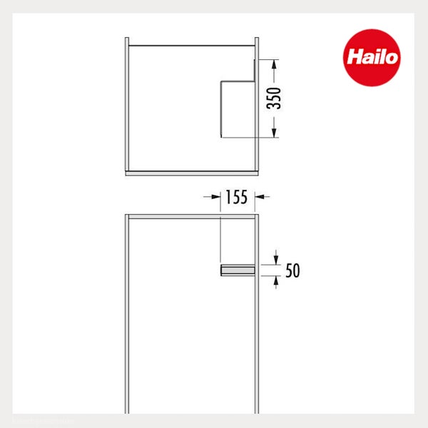 Technische Zeichnung mit Einbaumaßen 350, 155 und 50 für ein Hailo Produkt. Hailo Logo.