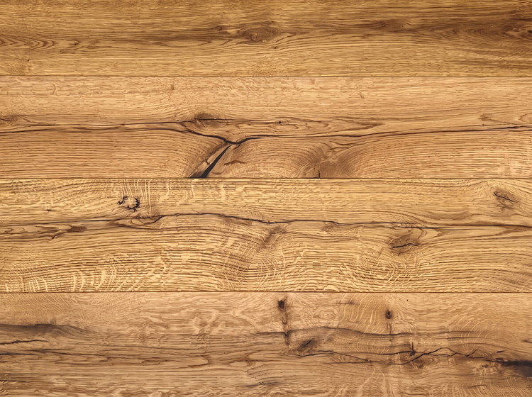 Parkett Landhausdiele Eiche mit Klicksystem, Detailansicht der Holzmaserung und Profilierung.