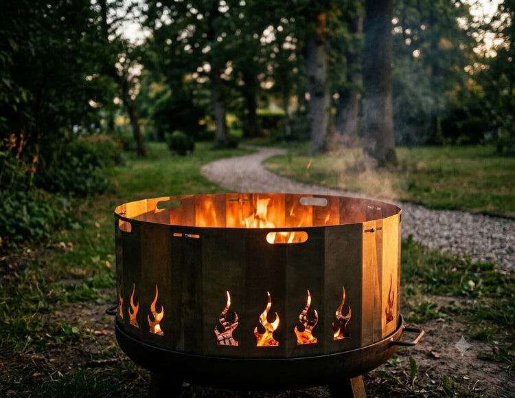 Feuerstelle mit Flammenmuster als Sichtschutz im Garten auf einem Kiesweg