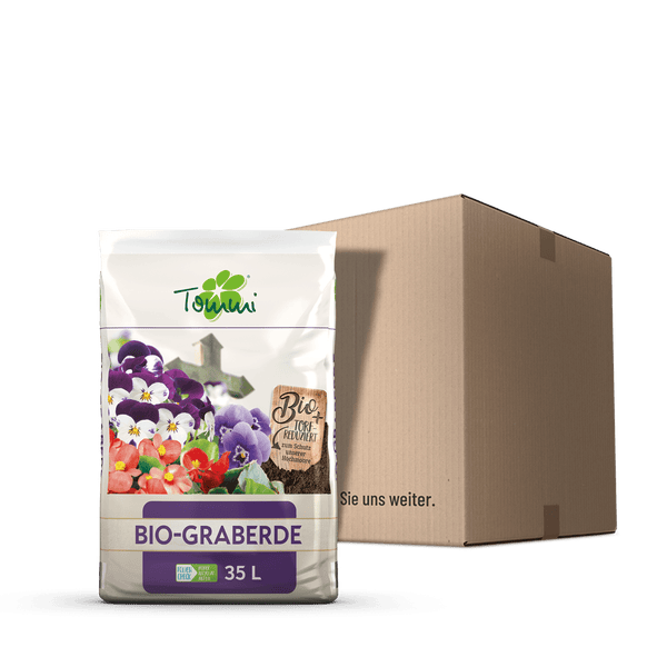 Sack Tommi Bio-Graberde, 35 Liter, torfreduziert, neben einem Versandkarton aus Wellpappe.