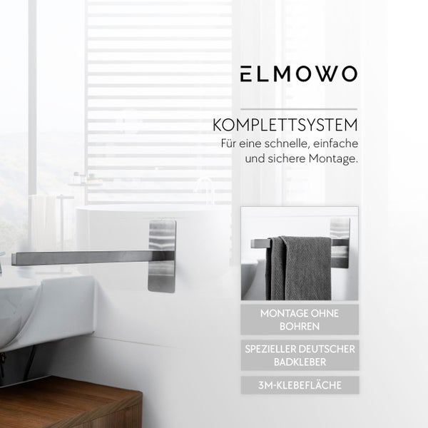 ELMOWO Handtuchhalter zur Montage ohne Bohren mit speziellem Badkleber und drei M Klebefläche für eine einfache Anbringung im Badezimmer.