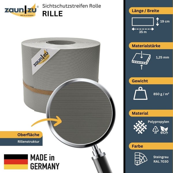 Zaun zu Sichtschutzstreifen Rolle Rille aus Polypropylen, 35 Meter lang, 19 Zentimeter breit, Materialstärke 1,25 Millimeter, Gewicht 850 Gramm pro Quadratmeter, Farbe Steingrau, Made in Germany