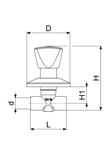 Technische Zeichnung eines Ventils mit Drehgriff und Maßangaben für Durchmesser, Höhe und Länge.