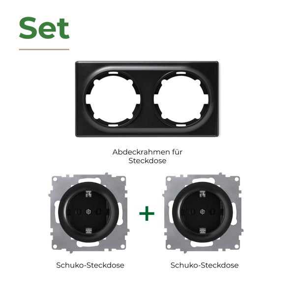 Set bestehend aus einem zweifachen Abdeckrahmen und zwei Schuko Steckdosen Einsätzen