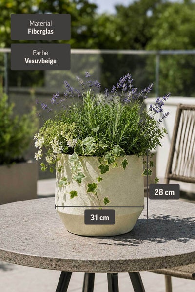 Pflanzkübel aus Fiberglas in Vesuvbeige, 31 Zentimeter Durchmesser und 28 Zentimeter Höhe, bepflanzt auf einem Gartentisch.
