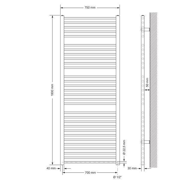 ECD Germany Badheizkörper Sahara - 750 x 1800 mm - Anthrazit - gerade mit Seitenanschluss - Heizkörper Handtuchwärmer Handtuchtrockner