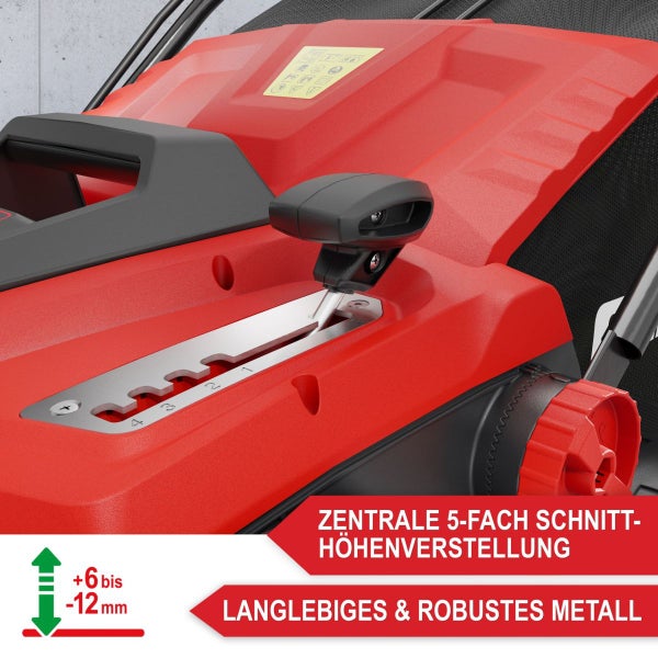 Zentrale 5-fache Schnitthöhenverstellung aus robustem Metall an einem Rasenmäher.
