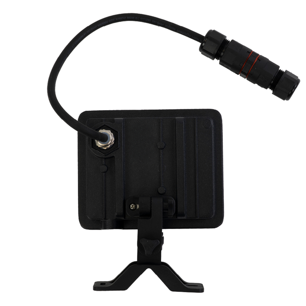 Rückansicht einer schwarzen LED-Außenleuchte mit Kabel und Stecker