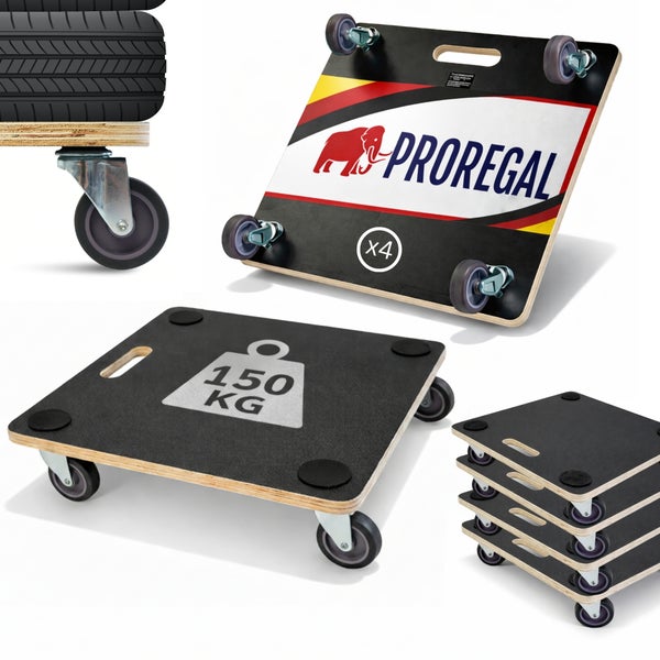 Set aus vier Proregal Transportrollern mit einer Tragkraft von 150 Kilogramm pro Roller, aus Sperrholz mit Anti-Rutsch-Pads und Lenkrollen.